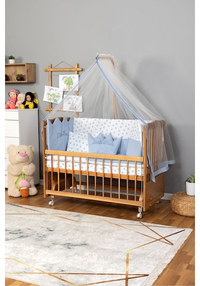Ahşap Beşik Anne Yanı Beşik Vernikli 60x120 - Mavi Nakış Uyku Seti + Yatak + Tekerlekli Ahşap Ahşap Beşik Anne Yanı Beşik Vernikli 60x120 - Mavi Nakış Uyku Seti + Yatak + Tekerlekli Ahşap