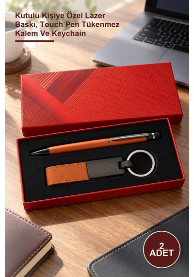 2 Adet Deri Metal Anahtarlık Ve Rubber Kalem Seti Kutulu Kişiye Özel Lazer Baskı, Touch Pen Tükenmez Kalem Ve Keychain