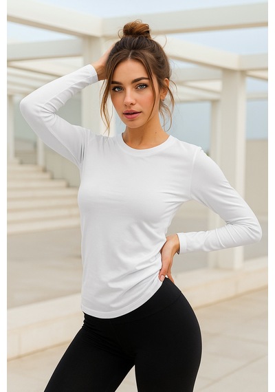 Kadın Beyaz Bisiklet Yaka Uzun Kollu Body Beyaz