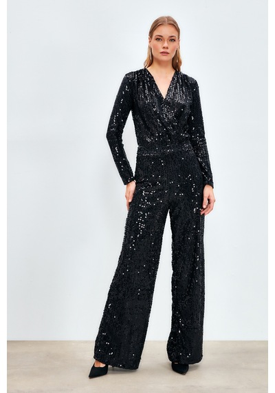 Sateen Bol Paça Payetli Pantolon - Siyah