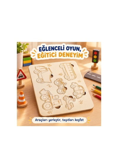 Ahşap Kara Araçları Şekiller Eğitici Çocuk Bulmaca 21x30 Cm Seti Eğlenceli Oyun Eğitici Set