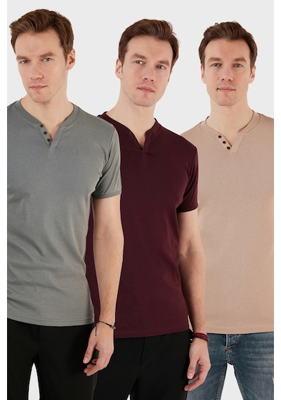 Buratti Pamuklu Düğme Detaylı Slim Fit V Yaka 3'Lü Paket Erkek T Shirt 5902122S3 Vişne-Taş-Açık Haki