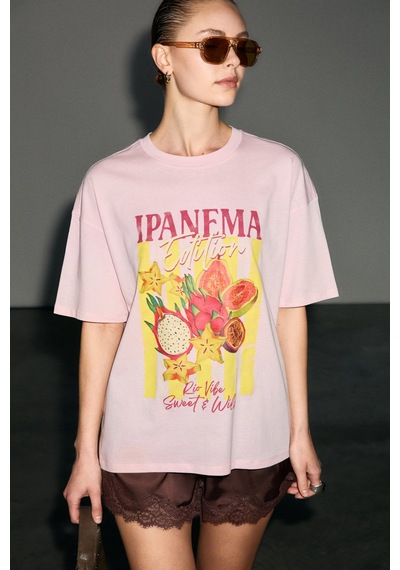 Grımelange Wuna Kadın Yumuşak Kumaşlı %100 Organik Pamuklu Baskı Detaylı Pembe T-shirt