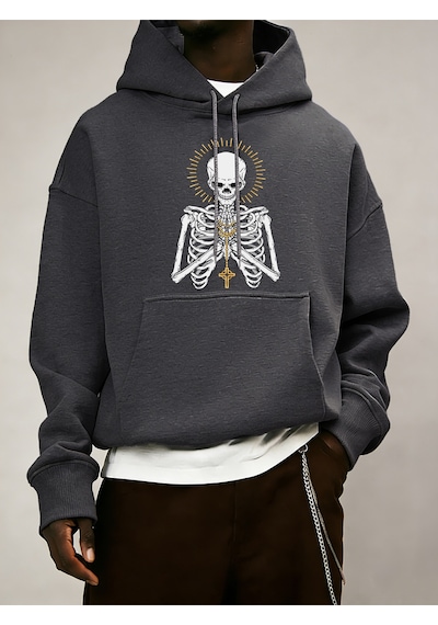 Startmore Startmoreölüm İçin Dua Edin İskelet Baskılı Erkek Temel Kapüşonlu Ceket Cepli Moda Sweatshirt Günlük B Antrasit