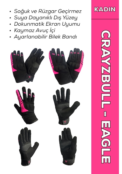 Crazybull Eagle Pembe Su Ve Rüzgar Geçirmez Kışlık Kadın Motosiklet Eldiveni + Buff