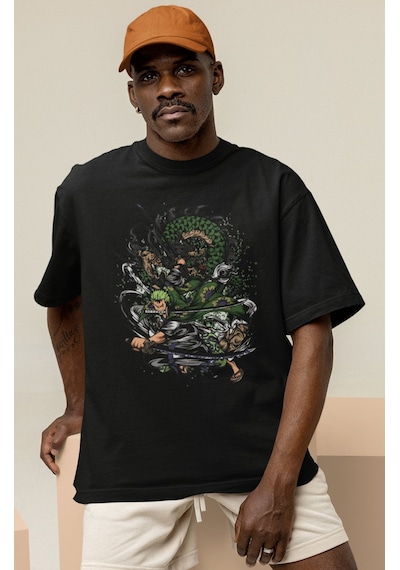 Tasarım Roronoa Zoro Baskılı Unisex Oversize One Piece Anime Kara Siyah