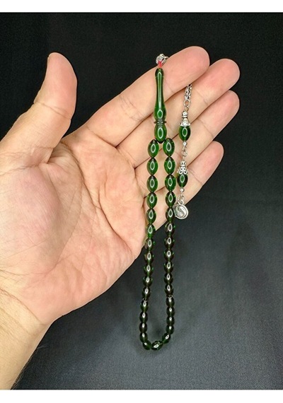 Ateş Kehribar Tesbih Arpa Kesim Yeşil Renk 6,5mm X 10,5mm T-538