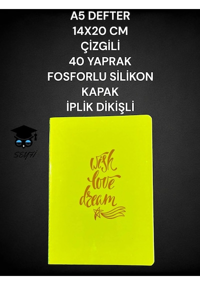 A5 Defter 14x20 Cm Çizgili 40 Yaprak Fosforlu Silikon Kapak İplik Dikişli Yeşil
