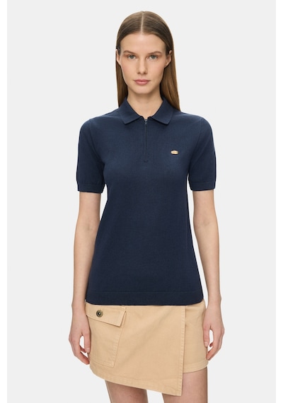 Ucla Ashera Lacivert Polo Yaka Half Zip Triko Nakışlı %100 Pamuk Standard Fit Kadın Tshirt