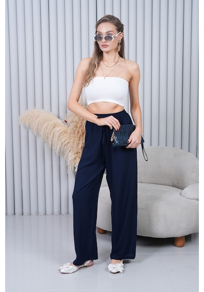 Polologin Butik Beli Bağcıklı Yüksek Bel Bol Paça Lacivert Pantolon Turkuaz