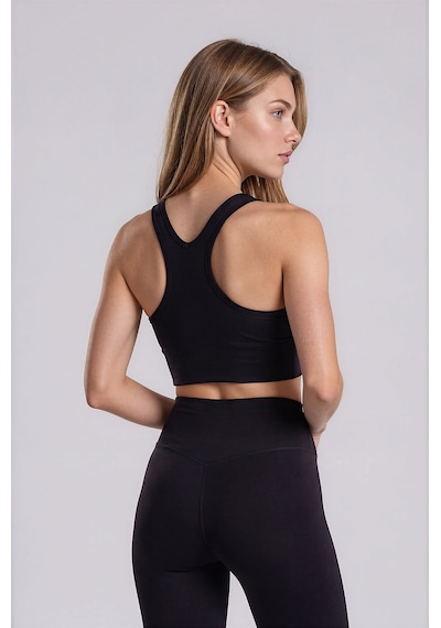 Vitrin Önü Büzgülü Crop Sporcu Atlet Siyah