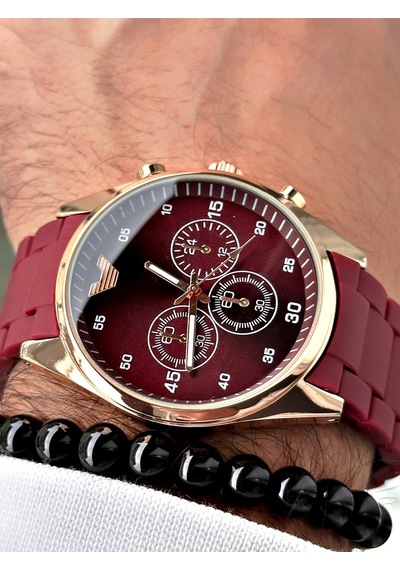Premium Tasarım Silikon Kordon Exclusive Serisi Metal Kasa Erkek Kol Saati-bileklik Hediyeli Bordo