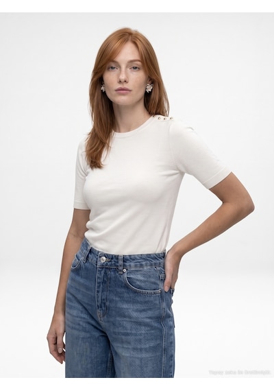 Dilvin 10878 Basic Bisiklet Yaka Düğmeli Kazak-ekru