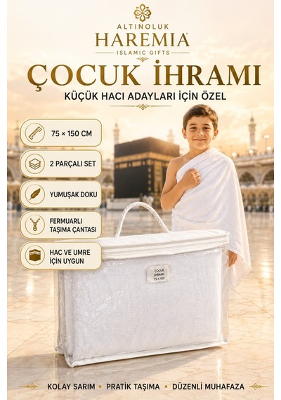 Çocuk İhramı 75x150 Cm 2 Parçalı Taşıma Çantalı Set Beyaz