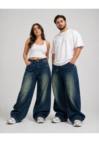 St.poll Eskitme Füme Yıkamalı Unisex Büyük Beden Baggy Jean Pantolon Yeşil