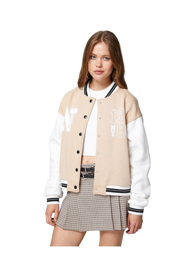 About Blank Koton Kadın 4wal10001ık Kolej Yaka Uzun Kollu Düğme Detaylı Cep Detaylı Slogan Baskılı Sweatshirt, Bej 059 , S Acı Kahverengi