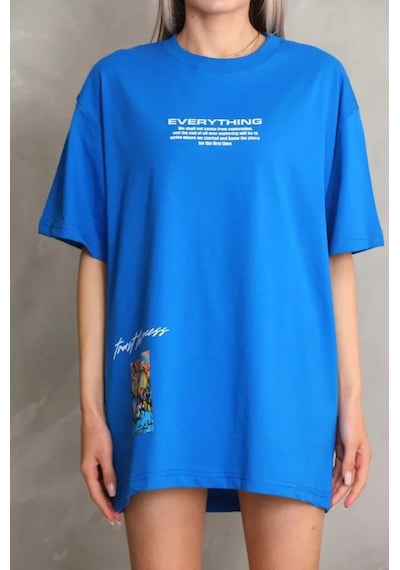 Ge Ticaret Unisex Bisiklet Yaka Baskılı Oversize T-shirt - Mavi Mavi