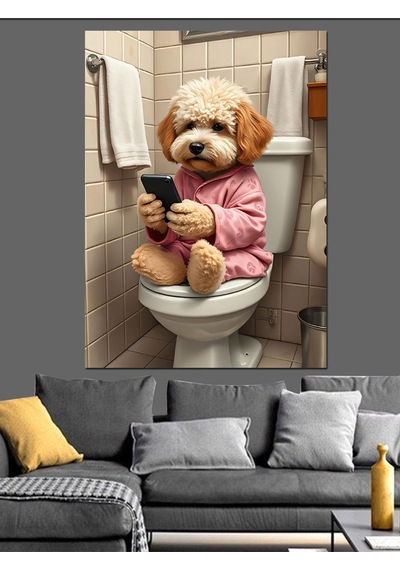 Pijamalı Köpek Telefon Keyfi Dekoratif Kanvas - Mdf Ahşap Tablo