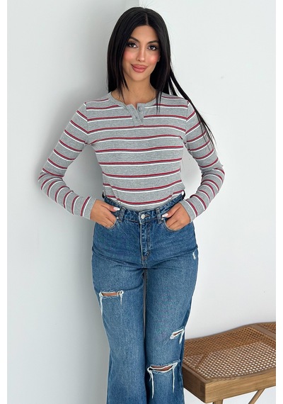 Noa & Noa Kadın Çizgili Düğme Detaylı Bluz Retro Stripe Kırmızı