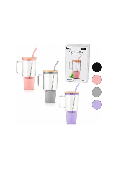 Cam 1000ml Matara - Suluk Bambu Kapak - Sızdırmaz Silikonlu Çelik Pipet Koruyucu Silikon Altlık - Kılıf 5580 Çok Renkli
