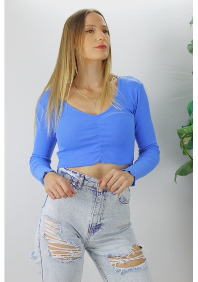 Modi Büzgülü Fitilli Bluz Mavi - 94574 Açık Mavi
