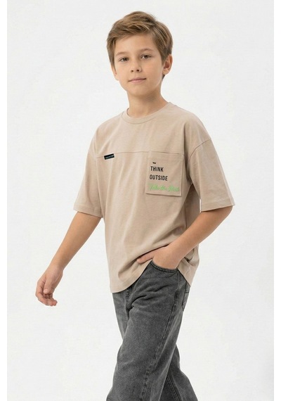 New Kids Think Outside Baskılı Pamuk Erkek Çocuk Tişört-91111 Bej