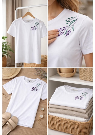 Yubistitch Tshirt Nakış İşlemeli Lavanta-1- Penye-beyaz
