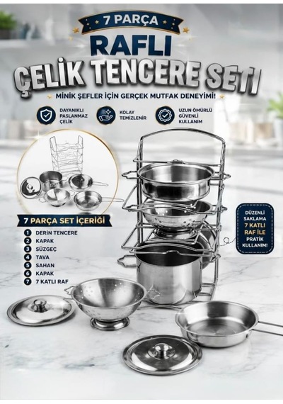 7 Parça Raflı Dayanıklı Paslanmaz Çelik Kolay Temizlenen Gerçekçi Oyuncak Tencere Seti