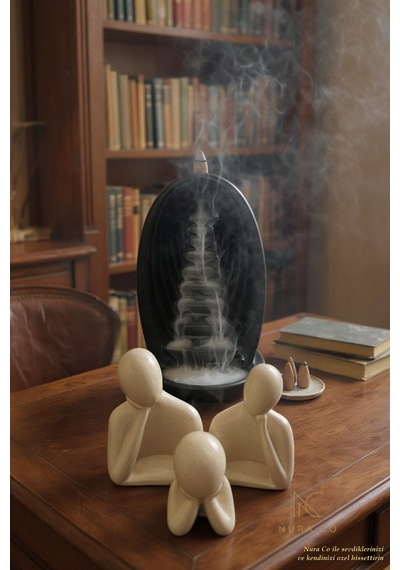Tütsü Şelalesi Standı & Aile Figürü Biblo 4'lü Set Alçı Zen Meditasyon Dekor Minimalist
