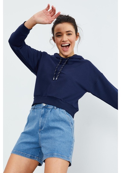 Tommy Life İndigo Uzun Kol Rahat Form Kapüşonlu Kadın Sweatshirt - 97115 İndigo