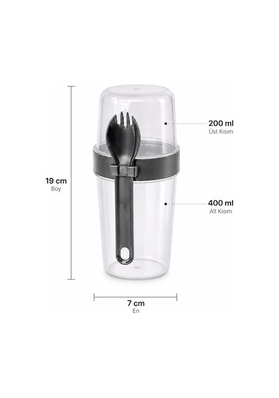 Porsima 5817 Yoğurt Kabı Kendinden Kaşıklı Pratik Taşınabilir Kaşıklı Atıştırmalık Kabı-antrasit 400ml+200ml