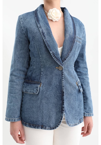 Banny Jeans Kadın Uzun Kollu Tek Düğmeli Jean Ceket Mavi Mavi Xl