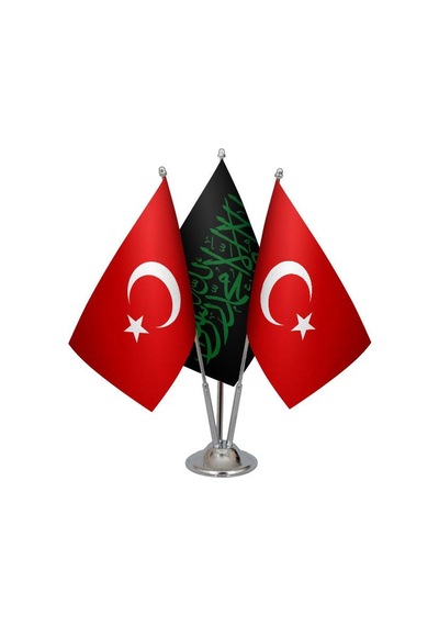 Masa Üstü Siyah Kelimei Tevhid Bayrağı Türk Bayrağı Üçlü Krom Dir