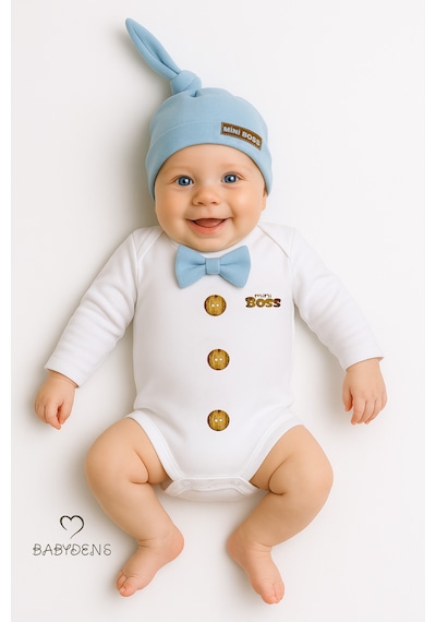 Babyden's Mini Boss Papyonlu Erkek Bebek Zıbın Seti Şapkalı Yenidoğan Bebek Body Takım Mavi