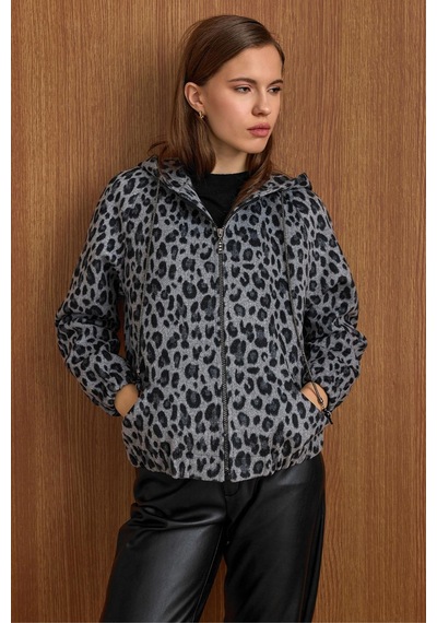 Olcay Kapüşonlu Beli Lastikli Oversize Leopar Desenli Kısa Kaban Gri 3162-l
