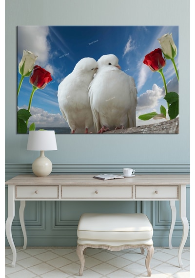 Çift Güvercin Kuşlar Ve Çiçekler Kanvas Tablo 120 x 80