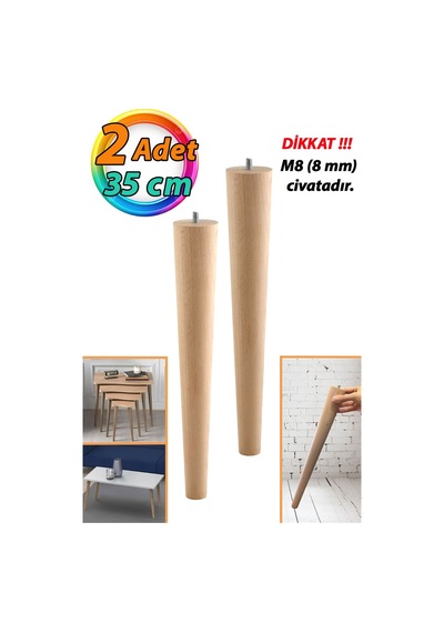 2 Adet Ahşap Ayak 35 Cm Masa Zigon Sehpa Tv Ünitesi Puf Tabure Ayağı Ayakları Konik M8 Civatalı Bej Renkli