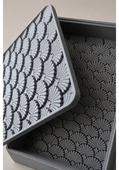 Desenli Kapaklı Dekoratif Kutu Masa Üstü Organizer Takı Aksesuar Saklama Kutusu Pla 20x12.5 Cm Gri