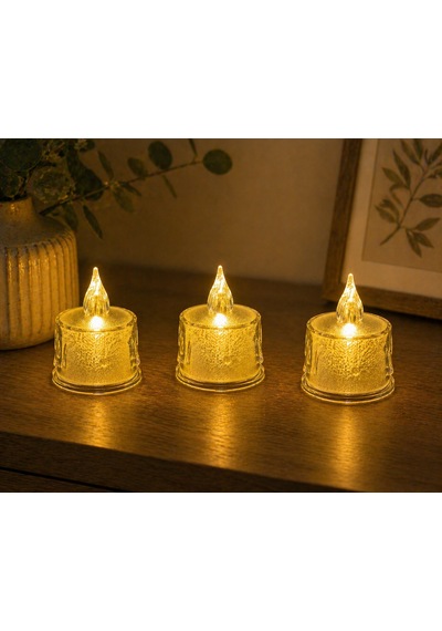 Led 3 Adet Dekoratif Mum Sarı Işık Alev Efektli Tealight Gece Lambası Beyaz
