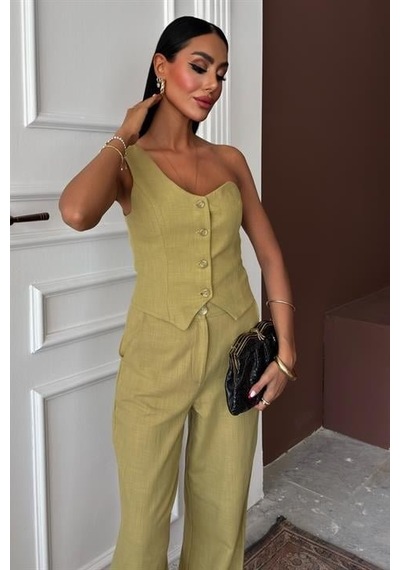Moderie Butik Tek Omuz Büstiyer Plazzo Pantolon Viscon Takım 10159 Çağla