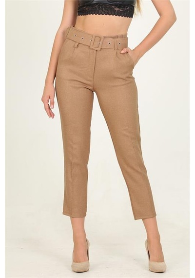 Neşeli Butik Kadın Camel Cepli Kemer Detaylı Kumaş Pantolon Qns026 Camel