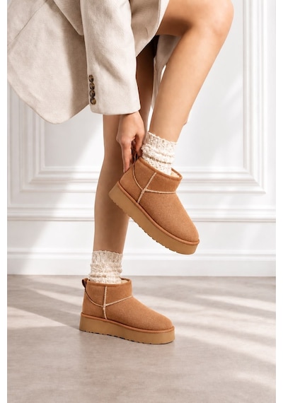 Dabab Shoes Kardelen Kadın Taba Lüks Süet İçi Kürklü Sıcak Astarlı 5 Cm Kalın Tabanlı Kısa Bot Kar Botu