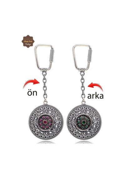 Yakut Ve Zümrüt Taşlı Yıldız Model Çift Taraflı Oksitli Gümüş Telkari Anahtarlık 201025179 Gümüş