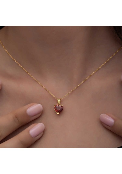 925 Ayar Gümüş Gold Kırmızı Taşlı Kalpli Kadın Kolye