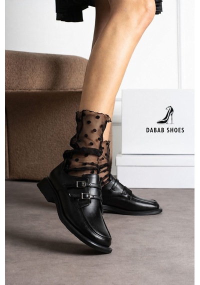Dabab Shoes Elvan Kadın Siyah Cilt Küt Burun Çift Toka Detaylı Kalın Taban Loafer Ayakkabı Siyah - Siyah