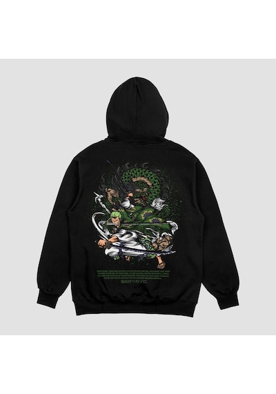 Unisex Siyah Zoro Baskılı Hoodie Oversize Kapşonlu Sweatshirt Siyah