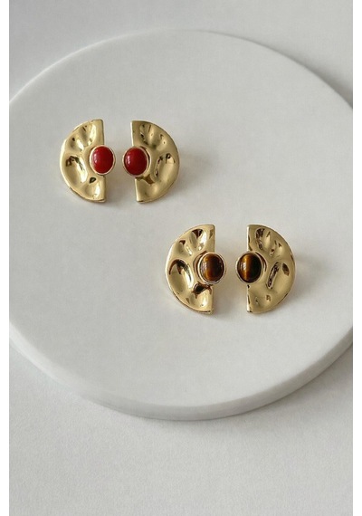 Lunarie Vintage Gold Dalgalı Yarım Ay Küpe Renkli Taşlı Çelik Kahverengi