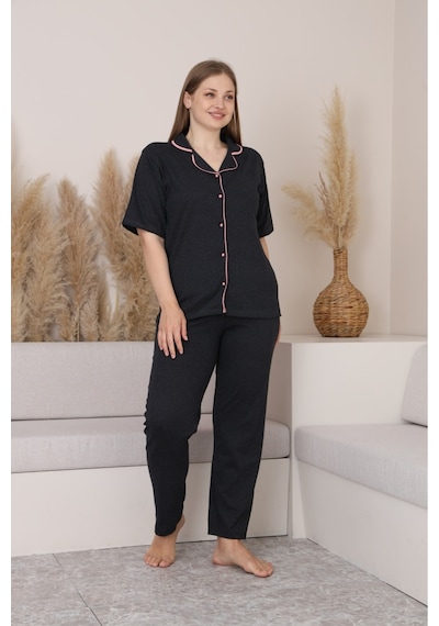 SUDE HOMEWEAR Kadın Füme Büyük Beden Kısa Kol Pijama Takımı Siyah