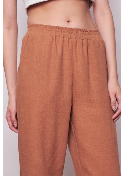 JUMENT Keten Yüksek Bel Beli Lastikli Yan Cepli Bol Paça Pantolon -camel
