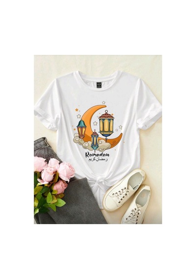 Stil X Ramazan Bayramı Baskılı Kız Çocuk Tshirt, %100 Pamuklu Kumaş Beyaz-3